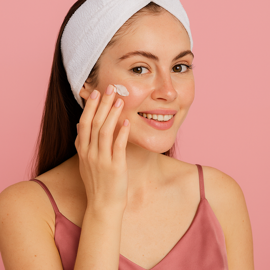 Junge Frau mit strahlender Haut trägt sanft Gesichtscreme auf, vor rosa Hintergrund – Symbol für tägliche Hautpflege, Regelmäßigkeit und Selbstfürsorge.