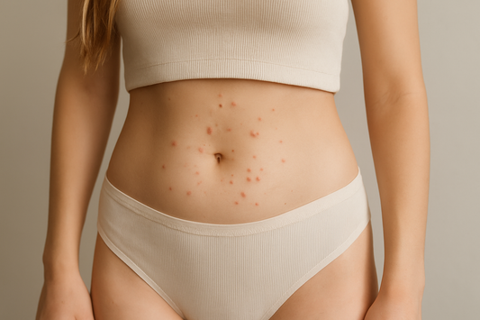 Nahaufnahme eines weiblichen Bauchs mit sichtbaren Pickeln und Hautunreinheiten, neutraler Hintergrund.