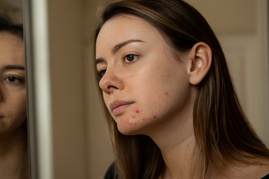 Frau mit sichtbaren Pickeln am Kinn, die ihr Gesicht im Spiegel betrachtet – natürliche Darstellung von hormoneller Hautunreinheit.