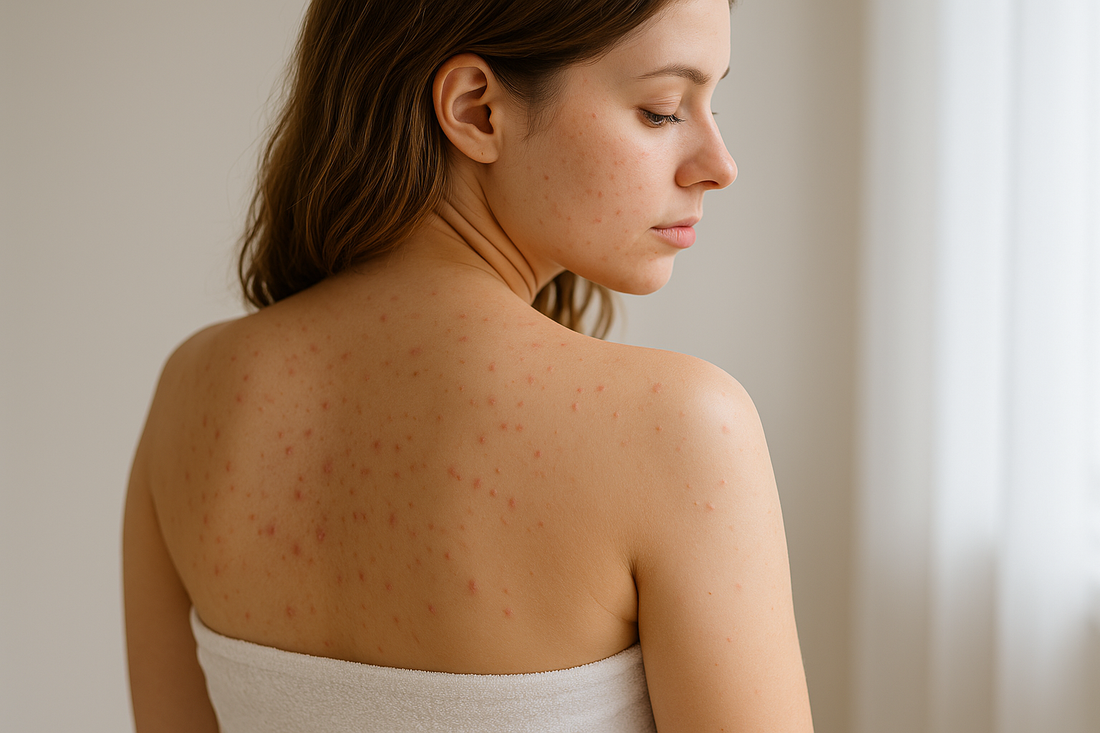 Frau mit leichter Akne am Rücken und Dekolleté – natürliche Hautpflege und Tipps gegen Pickel am Körper.