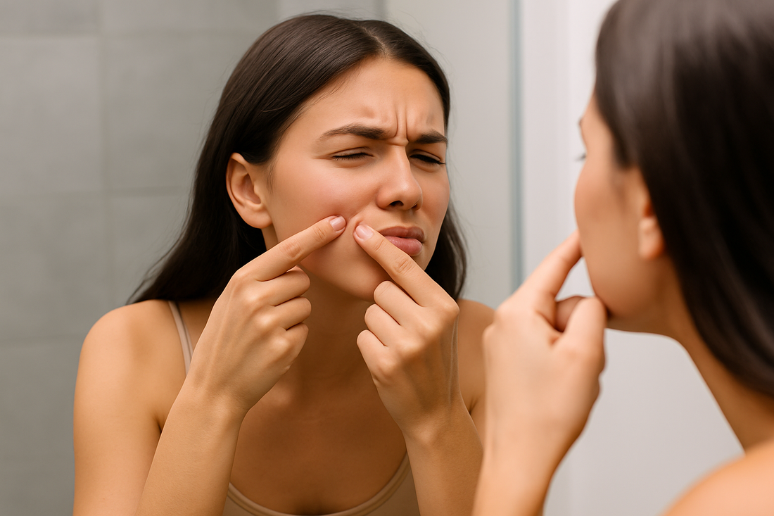 Junge Frau steht im Badezimmer vor dem Spiegel und drückt einen Pickel auf ihrer Wange aus