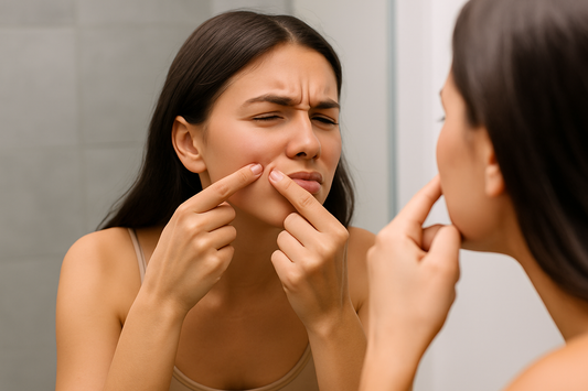 Junge Frau steht im Badezimmer vor dem Spiegel und drückt einen Pickel auf ihrer Wange aus