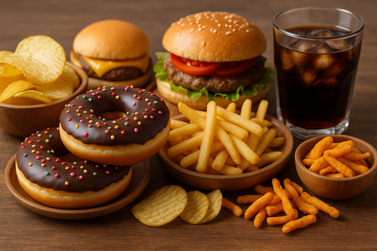 Auswahl an ungesunden Lebensmitteln wie Donuts, Burger, Pommes, Chips und Cola auf einem Holztisch – symbolisches Bild für Pickel durch falsche Ernährung.