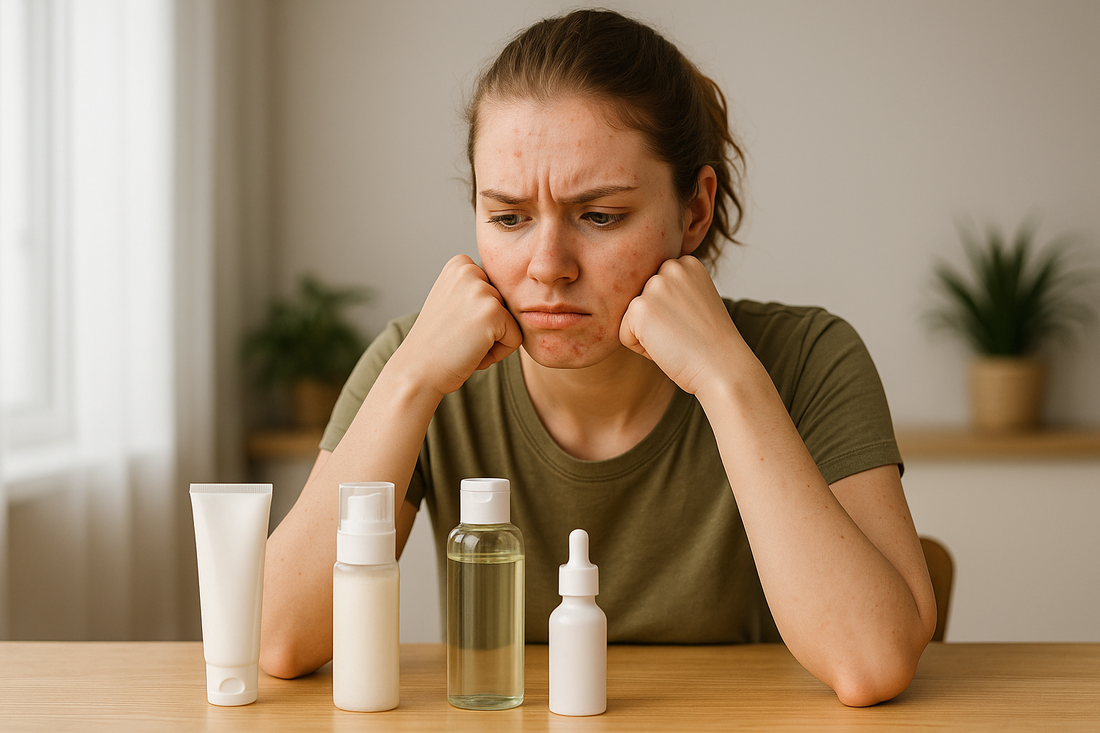 „Junge Frau mit Akne sitzt grimmig am Tisch, stützt ihr Gesicht auf beide Fäuste und betrachtet frustriert ihre Hautpflegeprodukte – symbolisches Bild für Pickel durch falsche Pflege.“