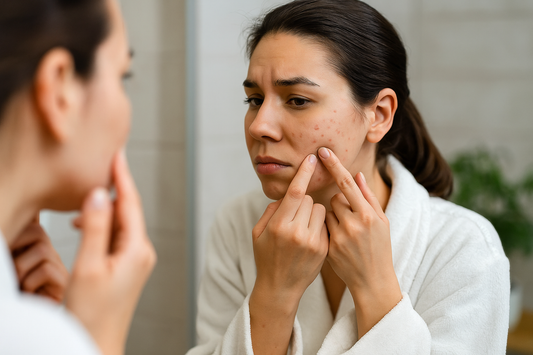 Frau mit unreiner Haut betrachtet ihr Gesicht im Spiegel und drückt vorsichtig Pickel an der Wange aus – typische Folge falscher Gesichtsreinigung.