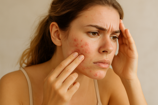 Junge Frau mit sichtbaren Rötungen und Pickeln betrachtet ihre Haut aus der Nähe, während sie die entzündeten Stellen leicht berührt – symbolisches Bild für Pickel durch eine geschwächte Hautbarriere