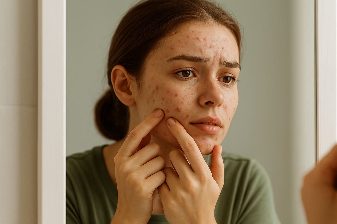 Junge Frau mit gereizter, unreiner Haut berührt vorsichtig ihre Wange, während sie sich im Spiegel betrachtet – symbolisches Bild für eine geschädigte Hautbarriere.