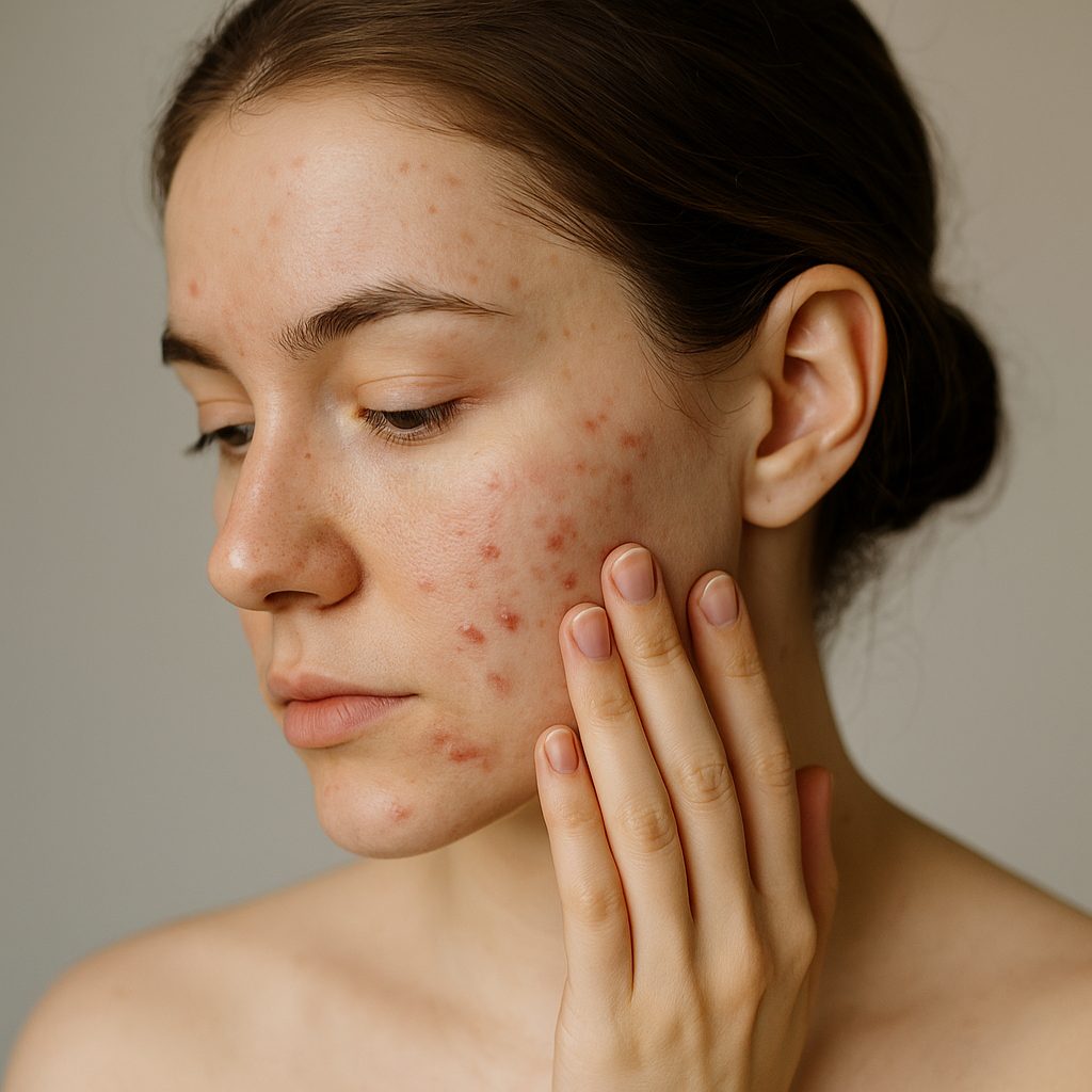 Nahaufnahme einer jungen Frau mit sichtbaren Hautunreinheiten auf der Wange, die ihr Gesicht vorsichtig berührt
