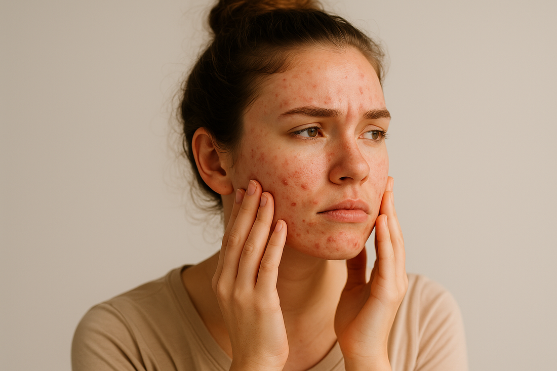 Junge Frau mit sichtbaren Stresspickeln im Gesicht hält nachdenklich ihre Wangen und schaut angespannt zur Seite – symbolisches Bild für Pickel durch Stress.