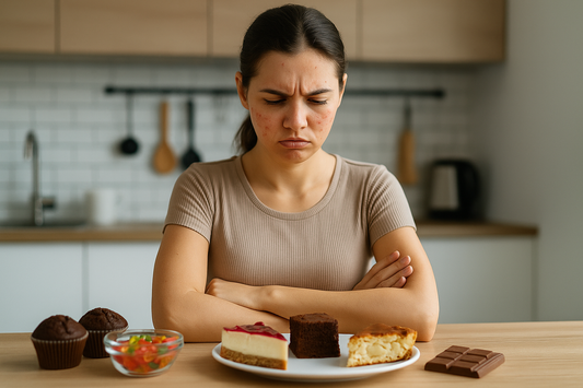 Junge Frau mit Pickeln an den Wangen steht in einer Küche, verschränkt die Arme und schaut genervt auf verschiedene Kuchenstücke, Muffins, Schokolade und eine Schale mit Gummibärchen auf dem Tisch.