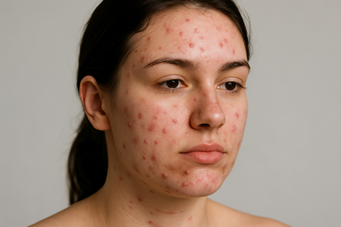 „Frau mit starker Akne und sichtbaren Pickeln im Gesicht in Nahaufnahme, neutrale Beleuchtung“