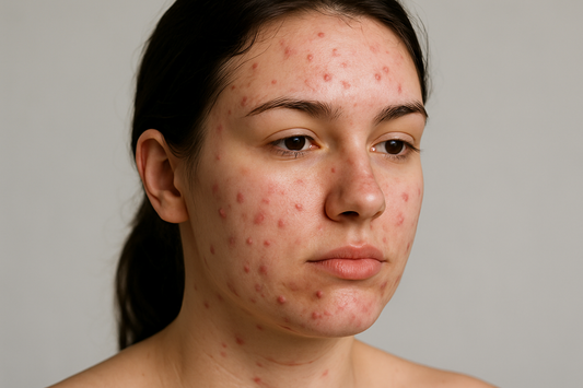 „Frau mit starker Akne und sichtbaren Pickeln im Gesicht in Nahaufnahme, neutrale Beleuchtung“