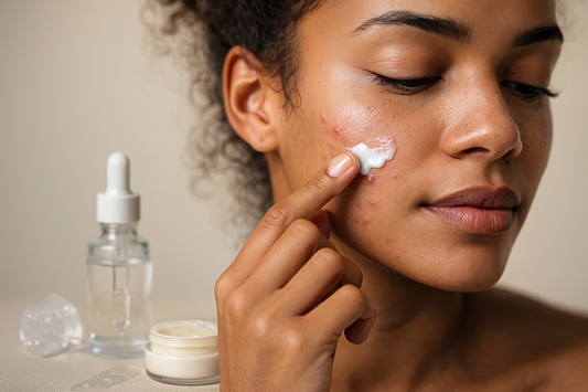 Skincare-Produkte und Spiegel mit reflektierter Wange, die entzündete Pickel zeigt, auf hellem Untergrund arrangiert