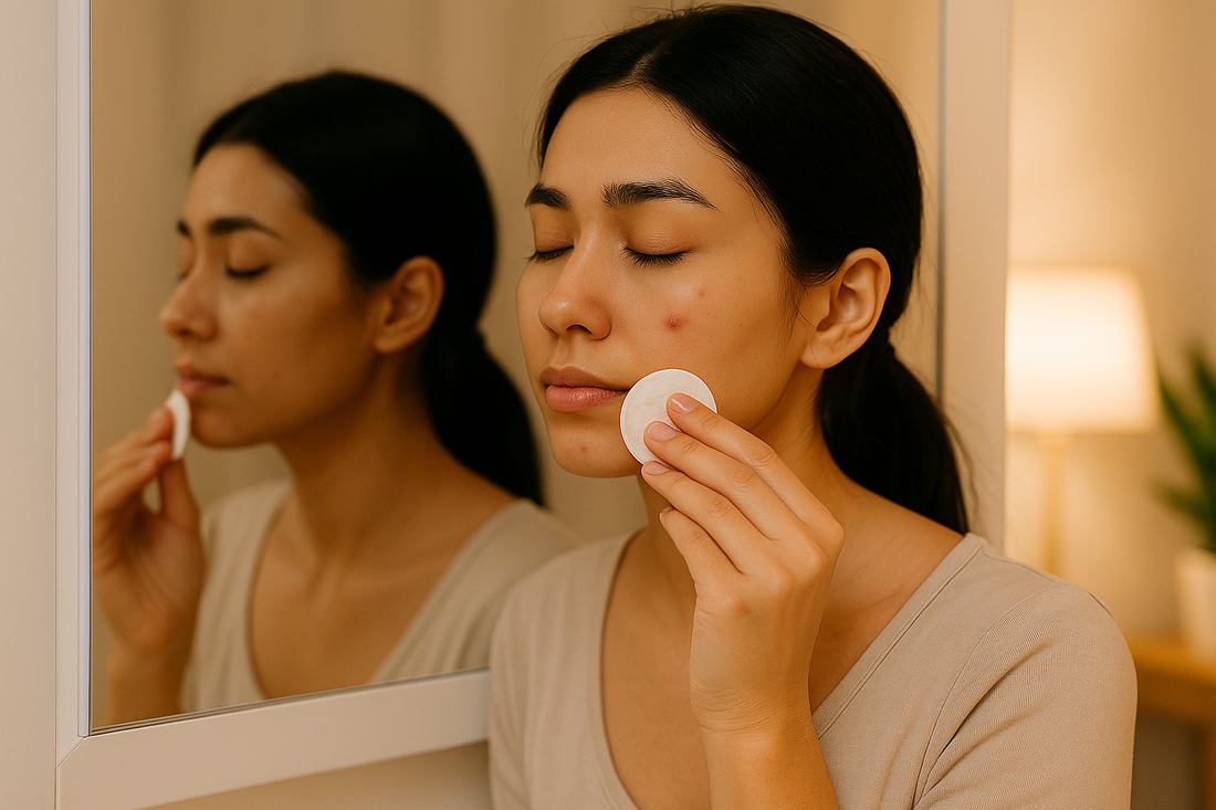 Junge Frau mit schwarzen Haaren trägt abends im Badezimmer mit einem Wattepad Apfelessig auf einen Pickel an der Wange auf – natürliche Hautpflege vor dem Schlafengehen.