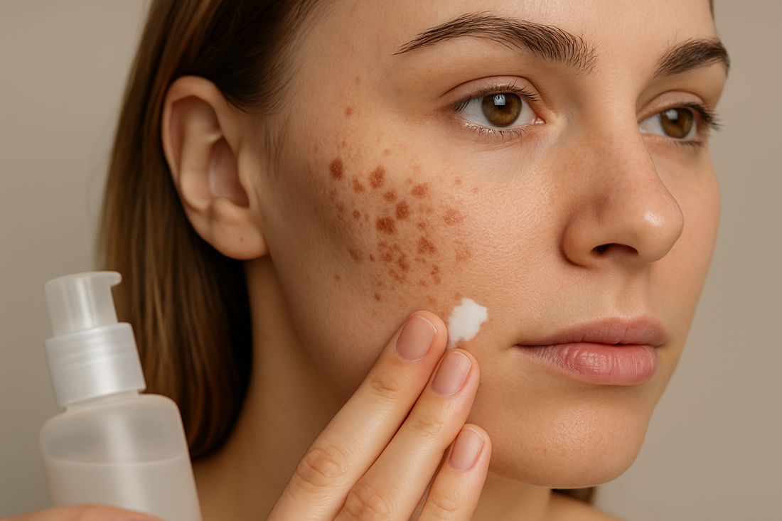 Frau mit Pickelmalen trägt sanfte Pflege auf die Wange auf, neutrale Farben, hautpflegender Kontext, Nahaufnahme ohne Text im Bild.