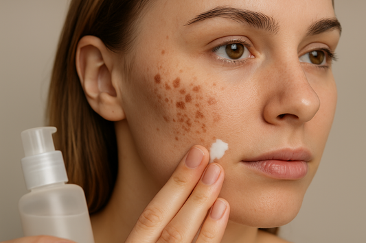 Frau mit Pickelmalen trägt sanfte Pflege auf die Wange auf, neutrale Farben, hautpflegender Kontext, Nahaufnahme ohne Text im Bild.