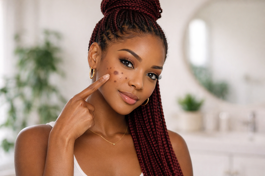 Frau mit dunkler Haut und dunkelroten Braids im Dutt zeigt mit dem Finger auf Pickelmale und PIH im Gesicht im Badezimmer