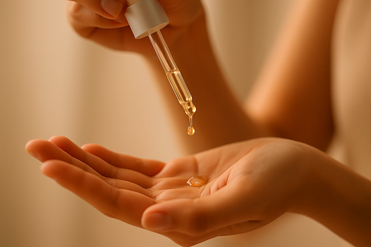 Serum tropft aus einer Pipette in eine geöffnete Hand, aufgenommen im warmen, sanften Licht.