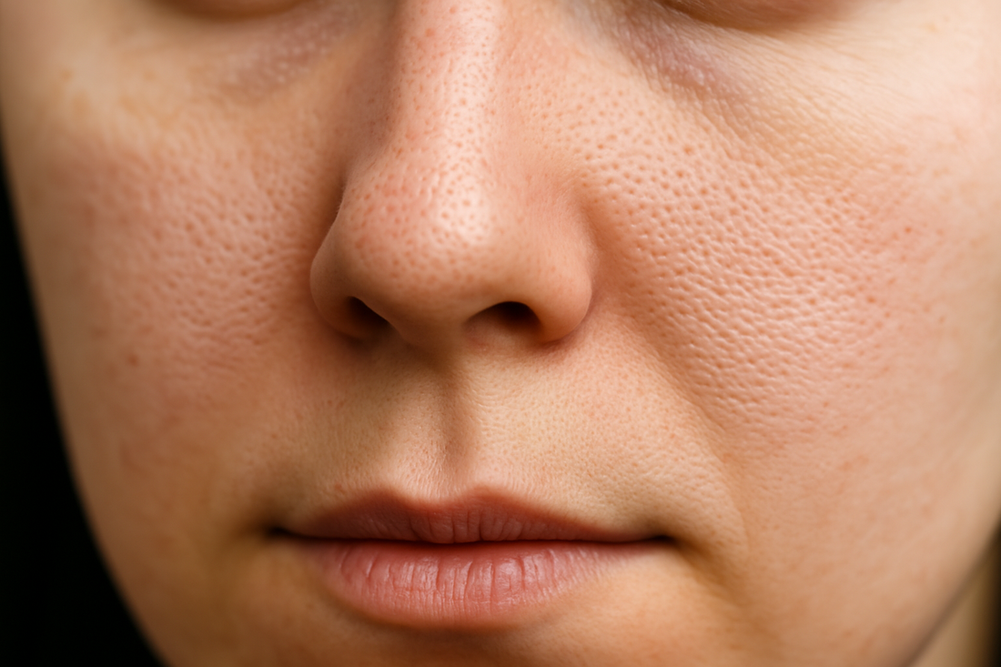 Nahaufnahme einer Gesichtshaut mit sichtbaren großen Poren und natürlicher Hauttextur.