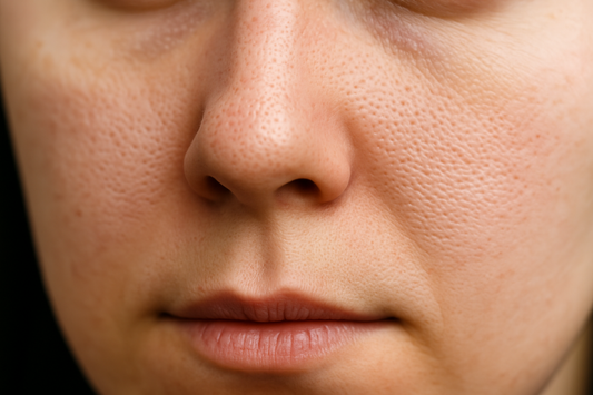 Nahaufnahme einer Gesichtshaut mit sichtbaren großen Poren und natürlicher Hauttextur.