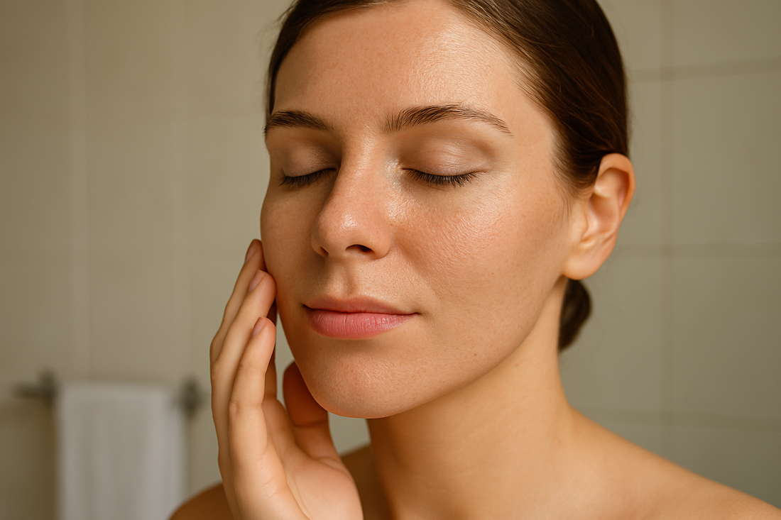 Nahaufnahme einer jungen Frau mit leicht sichtbaren Poren, die sanft ihre Wange berührt; natürliches Badezimmerlicht, glatte Haut ohne Text im Bild