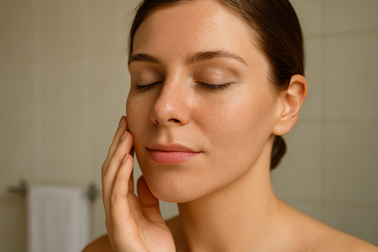 Nahaufnahme einer jungen Frau mit leicht sichtbaren Poren, die sanft ihre Wange berührt; natürliches Badezimmerlicht, glatte Haut ohne Text im Bild