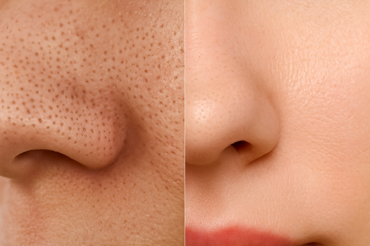 Nahaufnahme einer Gesichtshaut mit geteilter Darstellung: links verstopfte, ölglänzende Poren und rechts saubere, feinere, matte Poren