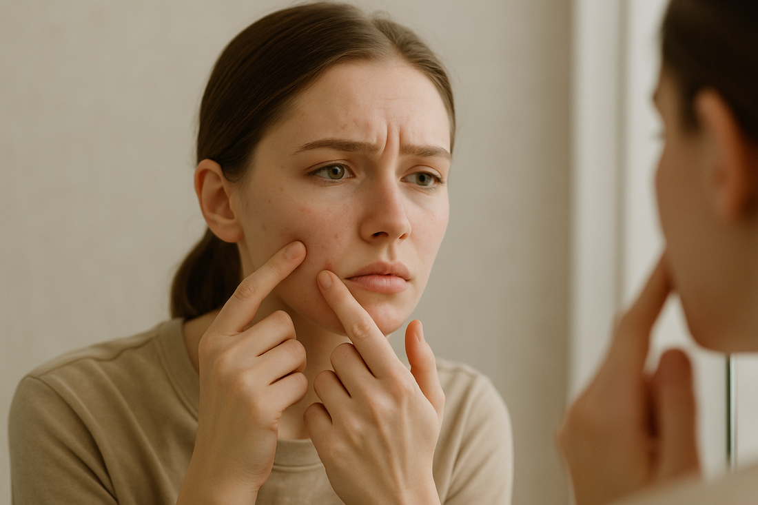Frau mit neutralem Ausdruck betrachtet ihre Haut mit leichten Unreinheiten im Spiegel, neutrale Farbgebung, heller Hintergrund, symbolisch für Purging vs. Unverträglichkeit.