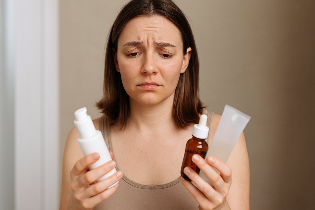 Frau hält mehrere Hautpflegeprodukte in den Händen und wirkt sichtbar überfordert, während sie in den Spiegel schaut.