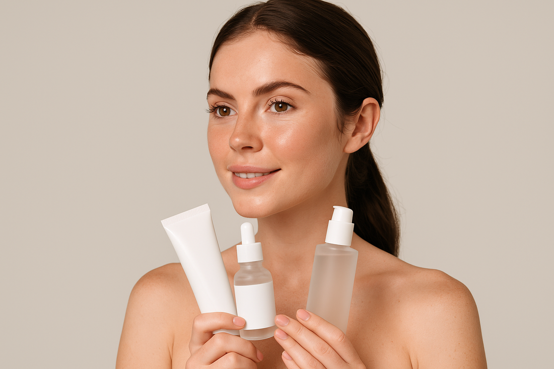 Junge Frau mit klarer Haut hält drei minimalistische Hautpflegeprodukte – symbolisch für wirksame Pflege gegen Pickel und Akne.
