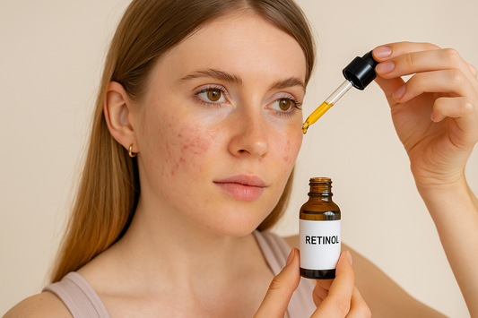 Junge Frau trägt mit einer Pipette Retinol-Serum auf ihr Gesicht auf, Nahaufnahme ohne Text im Bild.