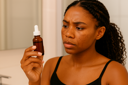 Dunkelhäutige Frau mit Boho-Braids hält ein geschlossenes Retinol-Serum in der Hand und betrachtet es fragend im Badezimmer, leicht sichtbares Melasma im Gesicht.