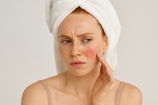 Junge Frau mit Handtuch um den Kopf und sichtbaren Rötungen auf der Wange blickt besorgt in die Ferne – Symbolbild für gereizte oder empfindliche Haut.