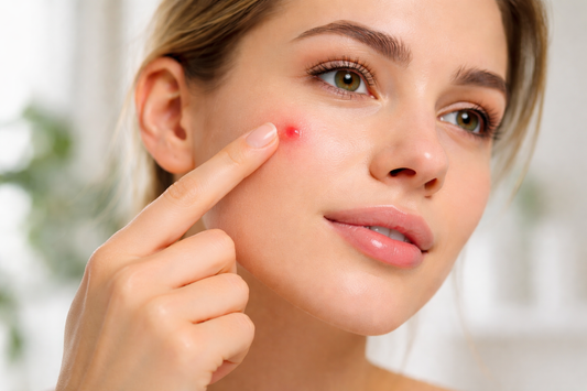 Frau zeigt mit dem Finger auf einen roten entzündeten Pickel im Gesicht zur Darstellung von schmerzender Akne und Hautproblemen