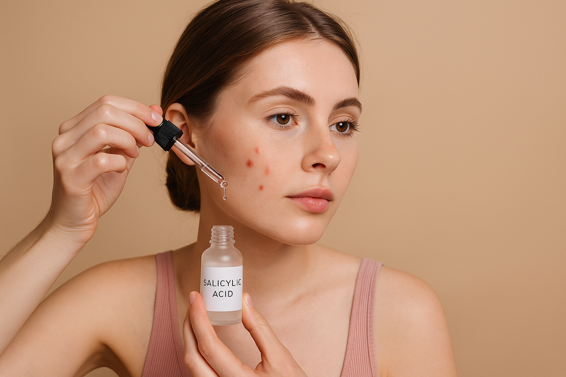 Junge Frau trägt mit einer Pipette ein Serum auf ihre Wange auf, nah aufgenommen vor neutralem Hintergrund, Symbolbild für Salicylsäure-Anwendung bei unreiner Haut.