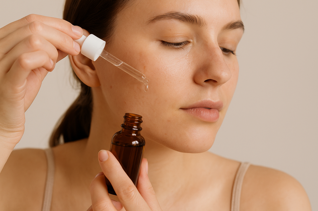 Frau trägt mit einer Pipette ein Serum auf die Wange auf – Symbolbild für die richtige Anwendung von Salicylsäure.
