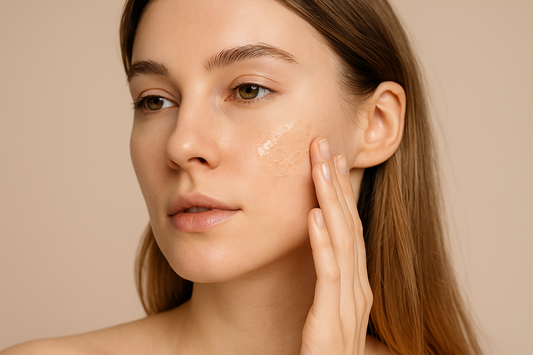 Frau mit trockener Haut trägt ein Gel oder Serum auf ihre Wange auf, Nahaufnahme im Querformat.  Wenn du weitere Bildvarianten möchtest, erstelle ich dir gerne mehr!