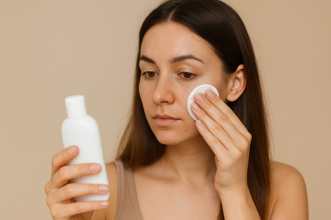 Frau trägt mit einem Wattepad ein BHA- oder Salicylsäure-Produkt auf ihr Gesicht auf, Nahaufnahme zur Darstellung von Hautpflege gegen Mitesser.