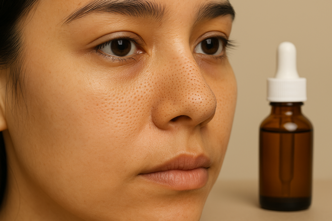 Nahaufnahme einer Frau mit sichtbar verstopften Poren auf Nase und Wangen neben einer braunen Salicylsäure-Flasche im Querformat