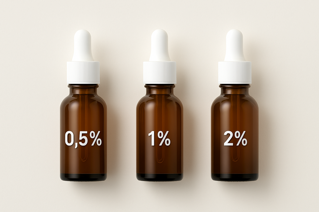 Drei braune Tropfflaschen mit weißen Pipetten stehen nebeneinander auf hellem Hintergrund, jeweils mit den Konzentrationen 0,5 %, 1 % und 2 % beschriftet.