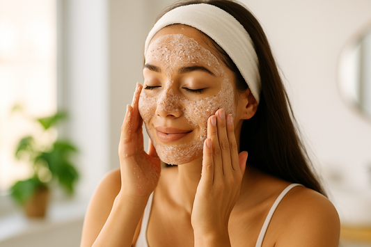 Frau mit reiner Haut trägt sanft ein Peeling im Badezimmer auf – Symbol für milde Hautpflege und natürliche Hauterneuerung.