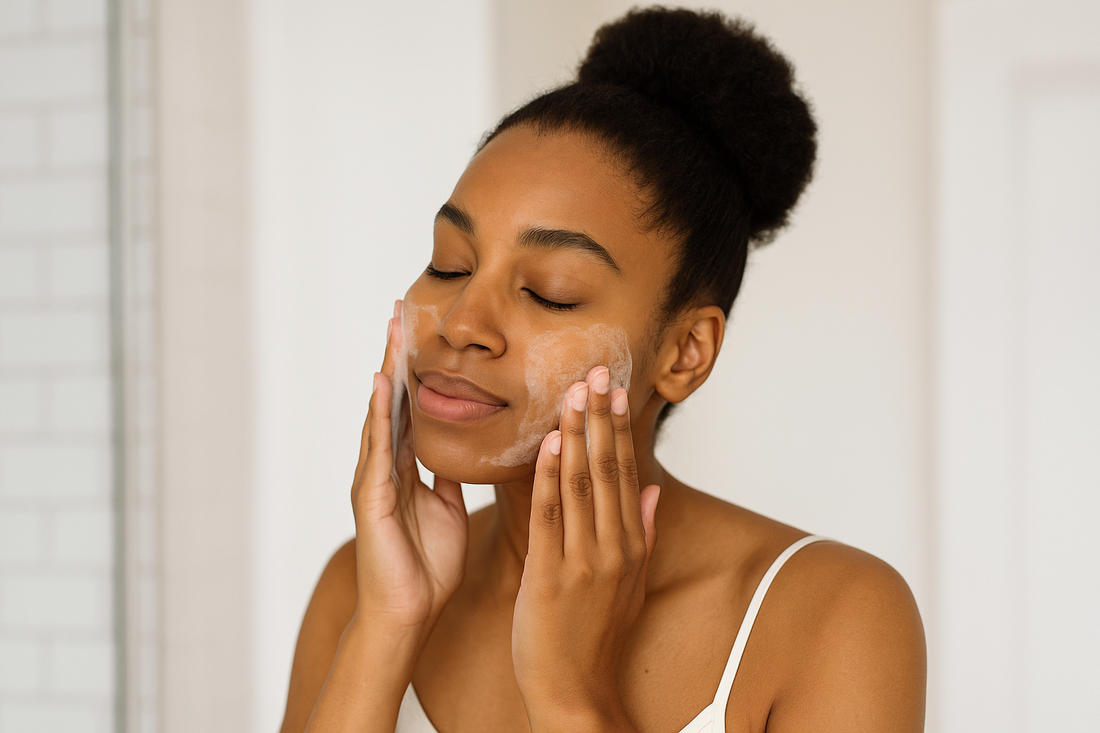 Schwarze Frau mit Afro-Dutt reinigt sanft ihr Gesicht mit einem milden Cleanser; helles Badezimmer und weiches Licht im Querformat.