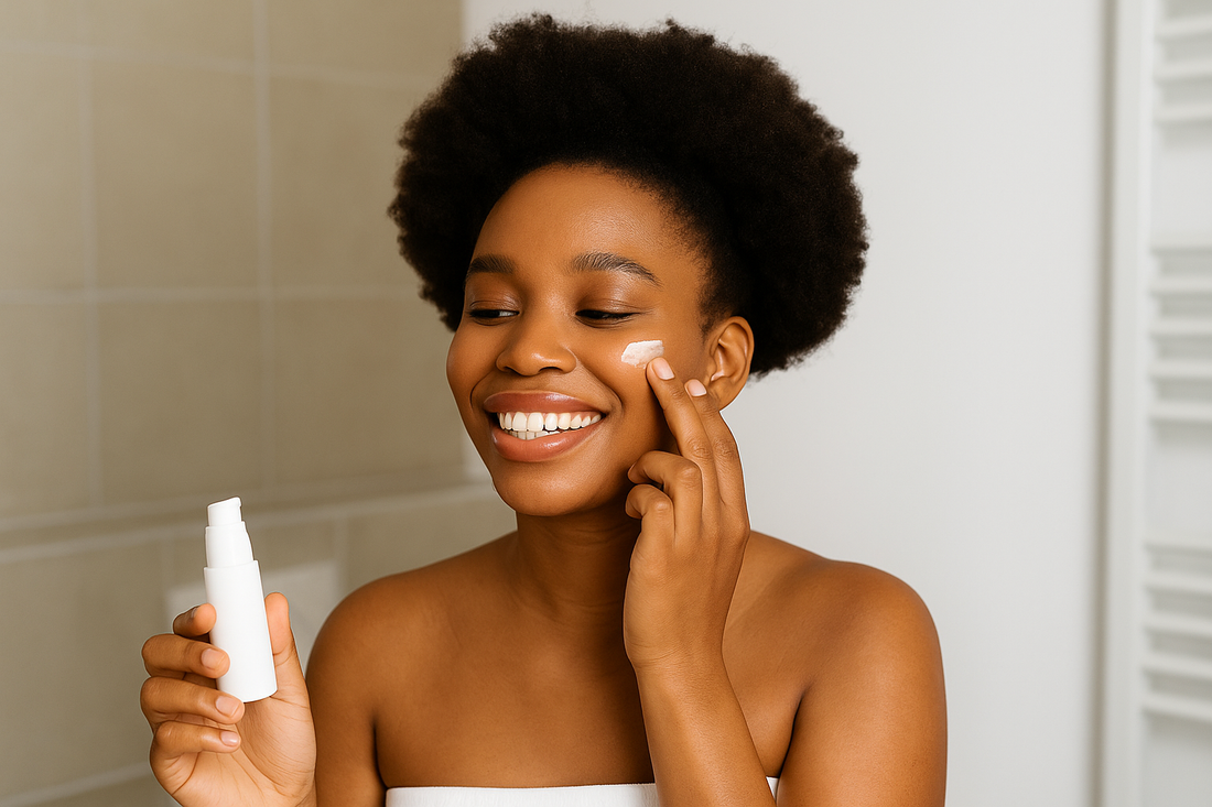 Schwarze Frau mit natürlichem Afro trägt im hellen Badezimmer lächelnd Sonnenschutz auf ihre Wange auf; saubere, ästhetische Beauty-Szene im Querformat.