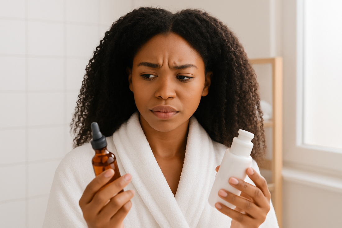 Schwarze Frau im hellen Badezimmer hält zwei Hautpflegeprodukte in den Händen und schaut eines davon skeptisch an; sauberes, minimalistisches Setting.