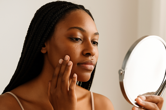 Schwarze Frau mit langen Braids betrachtet ihre Wange im Handspiegel und berührt sanft ihre Haut; heller, minimalistischer Hintergrund.