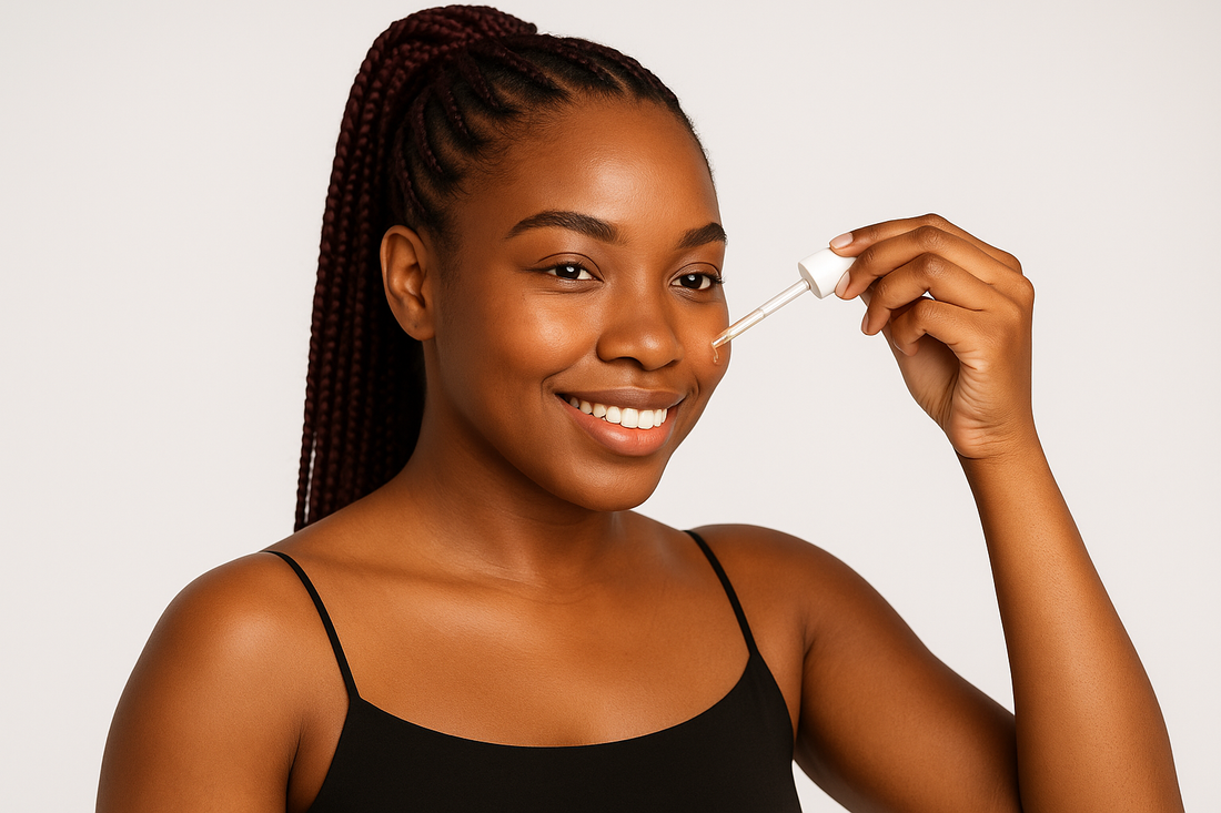 Schwarze Frau mit dunkelroten Braids im Ponytail trägt ein Serum mit einer Pipette seitlich auf ihre Wange auf; freundlicher Gesichtsausdruck und heller Studiohintergrund im Querformat.