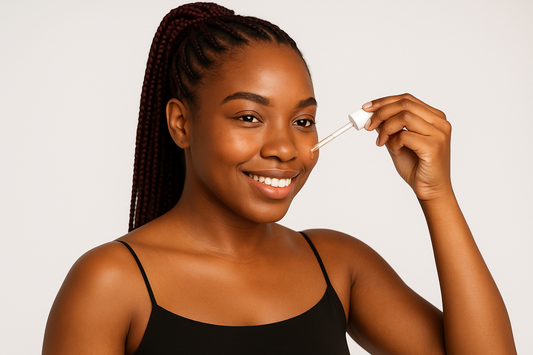 Schwarze Frau mit dunkelroten Braids im Ponytail trägt ein Serum mit einer Pipette seitlich auf ihre Wange auf; freundlicher Gesichtsausdruck und heller Studiohintergrund im Querformat.