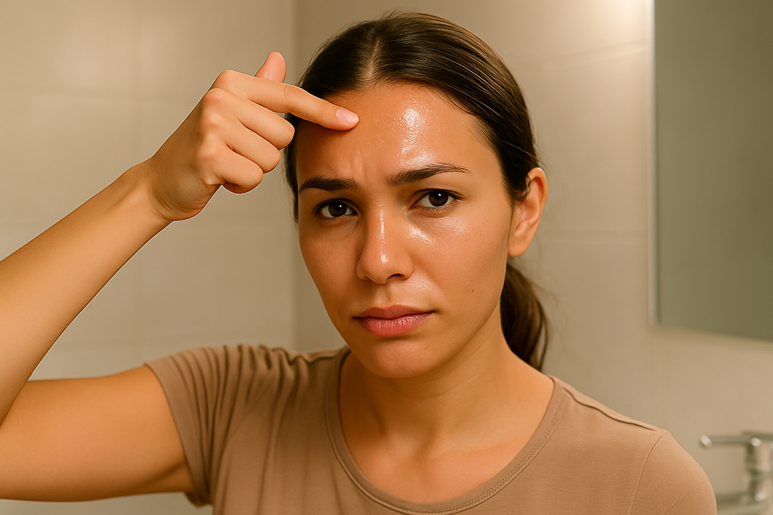 Nahaufnahme einer jungen Frau im Badezimmerlicht mit leicht glänzender T-Zone, typisches Erscheinungsbild von seborrhoischer Haut