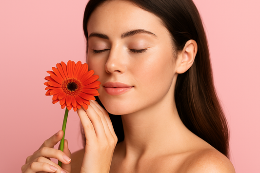 unge Frau mit geschlossenen Augen hält eine orangefarbene Blume an ihr Gesicht – Symbol für Selbstliebe, Ruhe und natürliche Hautpflege.