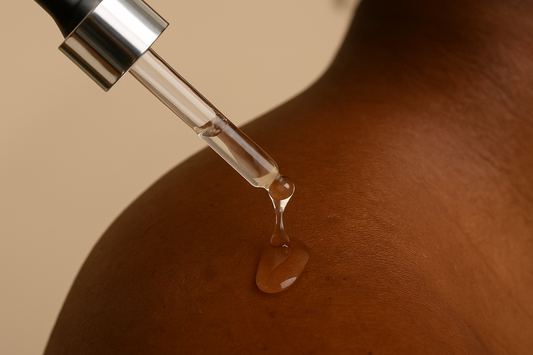 Nahaufnahme eines Serums, das aus einer Pipette auf dunkle Haut tropft; warme Beleuchtung, ästhetisches Haut- und Produktdetail.